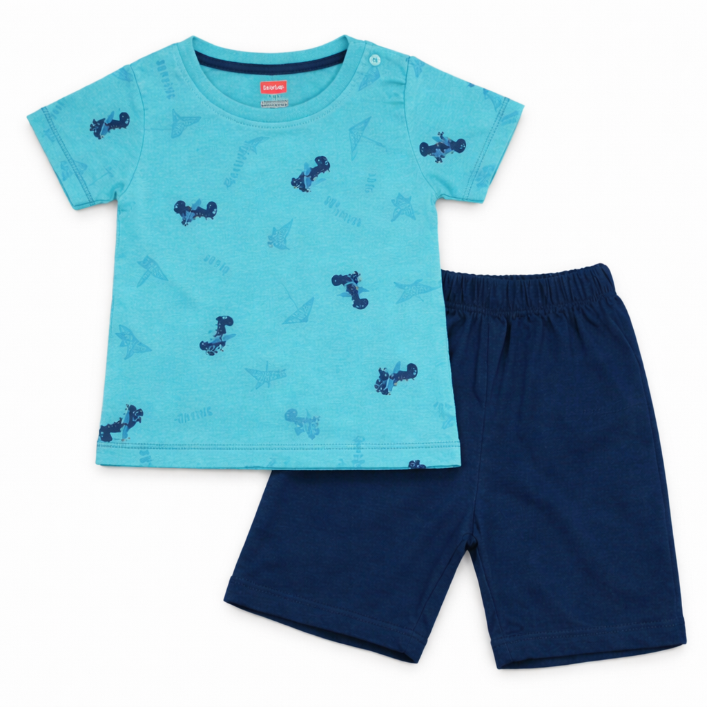 Luvlap Baby Boys Blue Printed T-Shirt & Shorts Set Soft Cotton Summer Outfit  - Cutypi