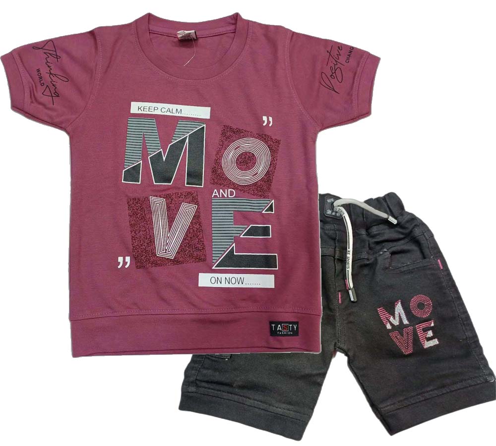 Boys Printed T-Shirt and Denim Shorts Set - Purple