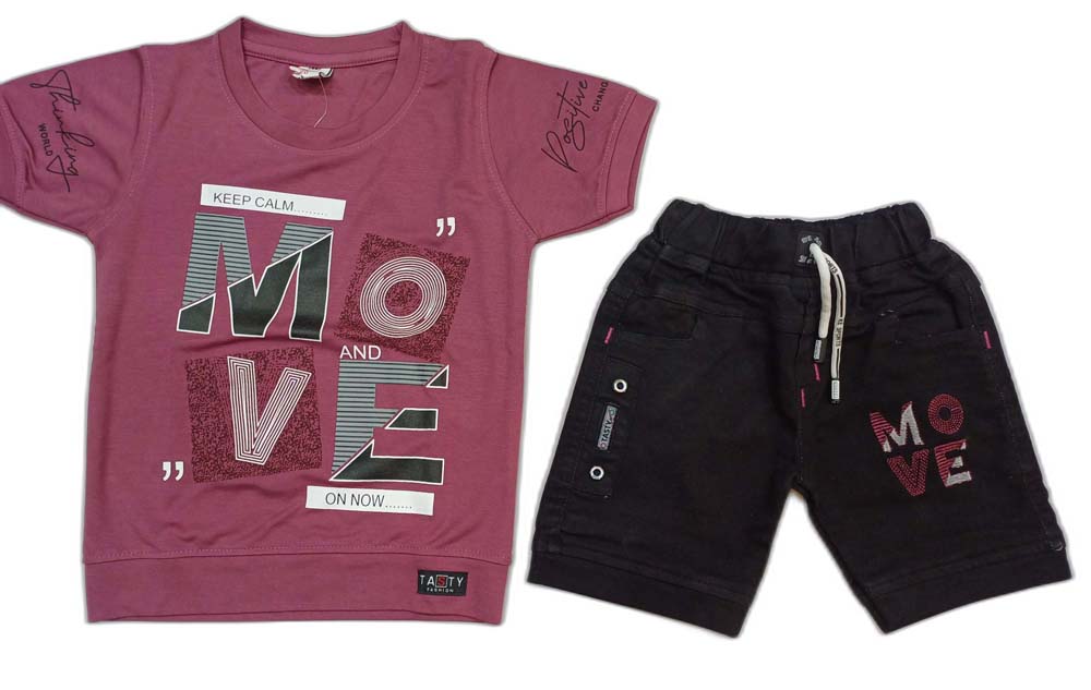 Boys Printed T-Shirt and Denim Shorts Set - Purple