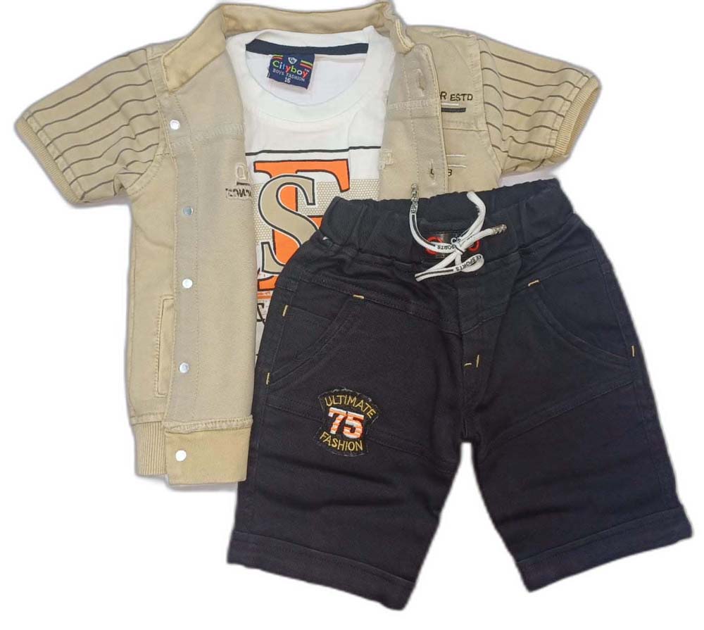 Half Sleeves Solid Shirt & Denim Short Set With Text Printed Inner T-Shirt