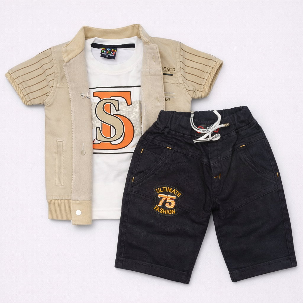 Half Sleeves Solid Shirt & Denim Short Set With Text Printed Inner T-Shirt