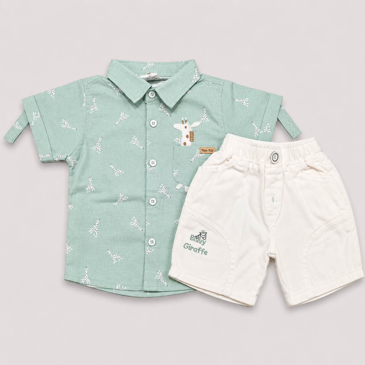 Choo Choo Boys Cotton Shirt & Shorts Set | Mint Green Giraffe Print Outfit | Cutypi