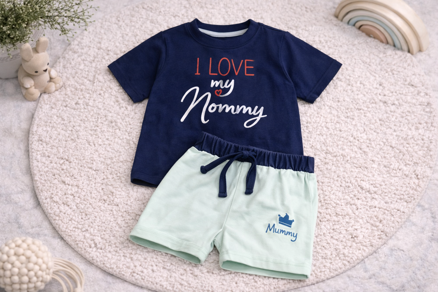 Twinsky Winksy Baby Boys I Love My Mommy Printed T-Shirt with Shorts Set Navy Blue Summer Outfit - Cutypi