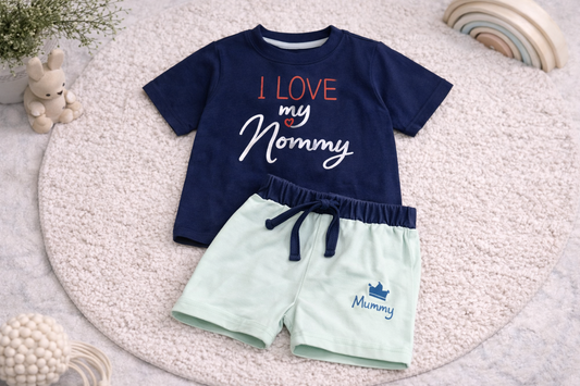 Twinsky Winksy Baby Boys I Love My Mommy Printed T-Shirt with Shorts Set Navy Blue Summer Outfit - Cutypi
