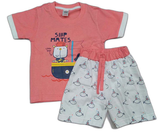 Cotton Half Sleeves Ship Adventure Printed T-Shir & Shorts Set - Pink