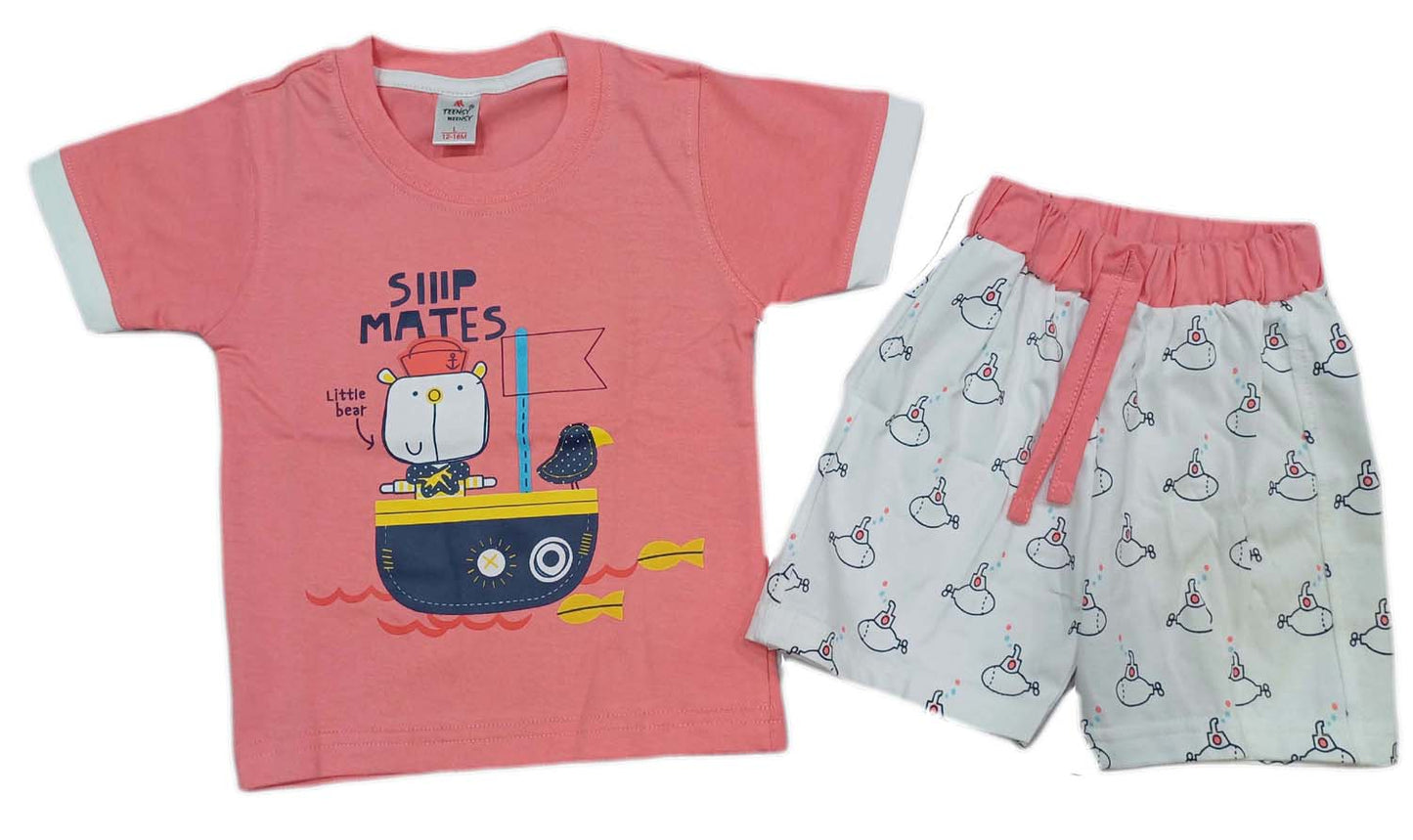 Cotton Half Sleeves Ship Adventure Printed T-Shir & Shorts Set - Pink