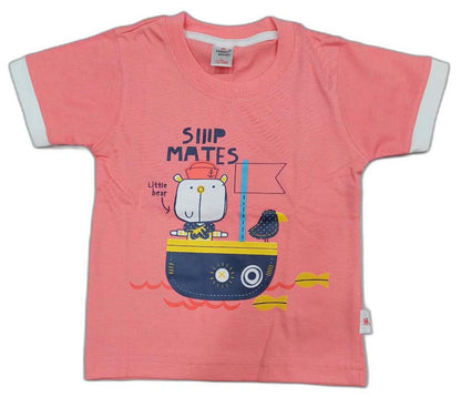 Cotton Half Sleeves Ship Adventure Printed T-Shir & Shorts Set - Pink