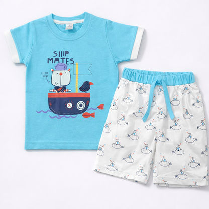 Teensy Weensy Sailor Squad Summer Set – Shipmates Graphic Tee & Submarine Print Shorts for Kids  - Cutypi