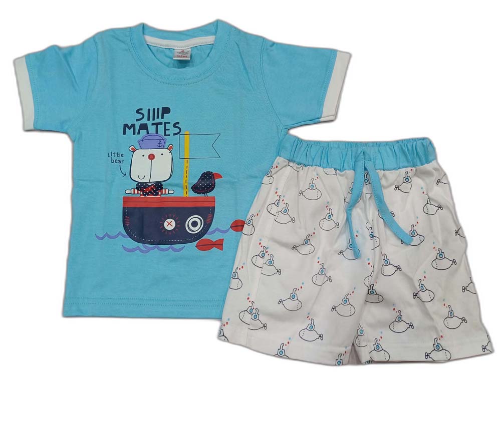 Cotton Half Sleeves Ship Adventure Printed T-Shir & Shorts Set - Sky Blue