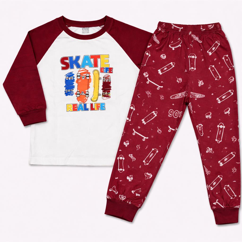 Cucumber Kids Skate Life Graphic Printed White & Maroon Tracksuit Set  - Cutypi