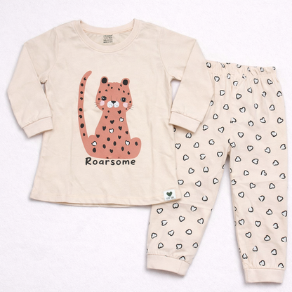 Cucumber Baby Cotton Suit Set Beige Roarsome Cat Print Top and Pajama Set - Cutypi