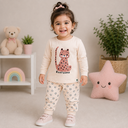 Cucumber Baby Cotton Suit Set Beige Roarsome Cat Print Top and Pajama Set