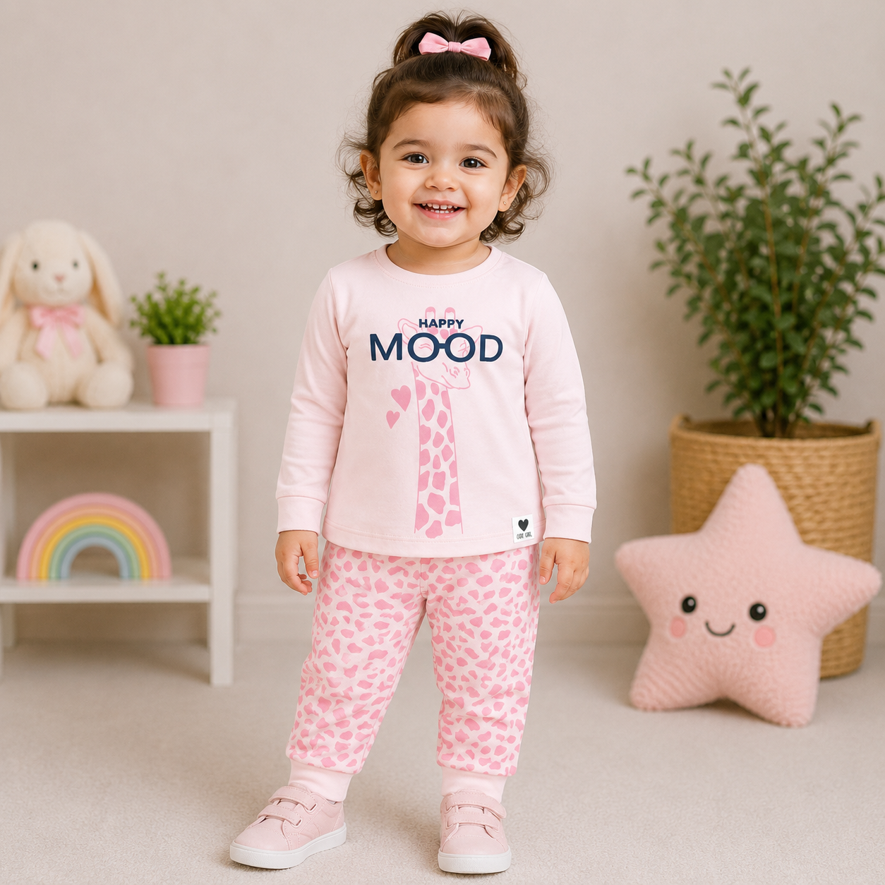 Cucumber Baby Girl Cotton Suit Set Pink Happy Mood Giraffe Top and Pajama Set
