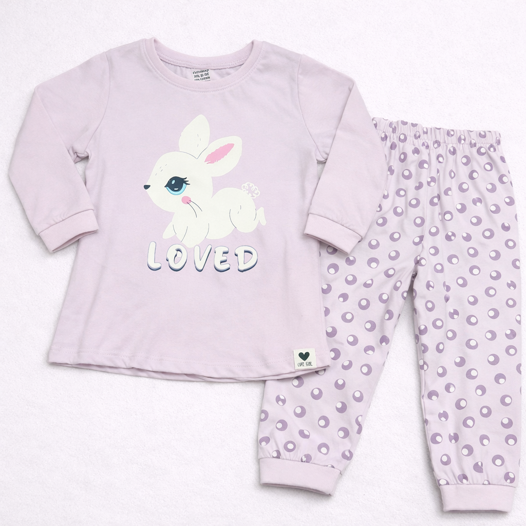 Cucumber Baby Cotton Suit Set Beige Rabbit Print Top and Pajama Set - Cutypi