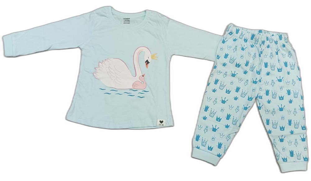 CUCUMBER Girl Sinker Full Sleeves Suit with Adorable Print - Sky Blue