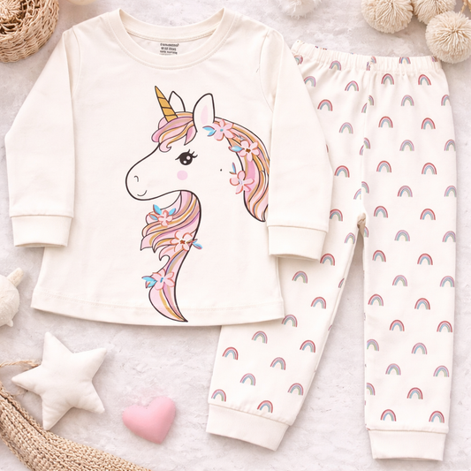 Baby Girl Cotton Night Suit Set Cream Unicorn Print Top and Pajama Set