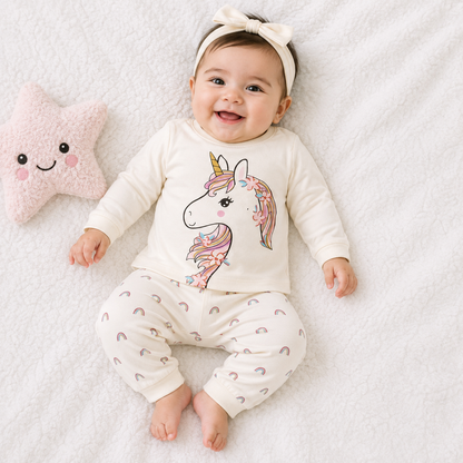 Cucumber Baby Girl Cotton Night Suit Set Cream Unicorn Print Top and Pajama Set