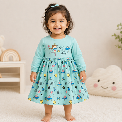 Cucumber Baby Girl Pink Cotton Frock Printed Long Sleeve