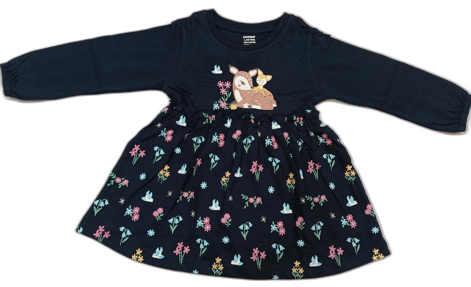 CUCUMBER Full Sleeves Frock With Bunny & Floral Print - Dark Blue