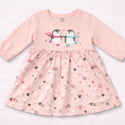 Cucumber Baby Girl Pink Cotton Frock Penguin Print Long Sleeve - Cutypi