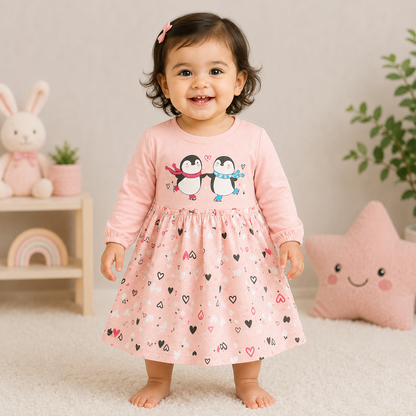 Cucumber Baby Girl Pink Cotton Frock Penguin Print Long Sleeve