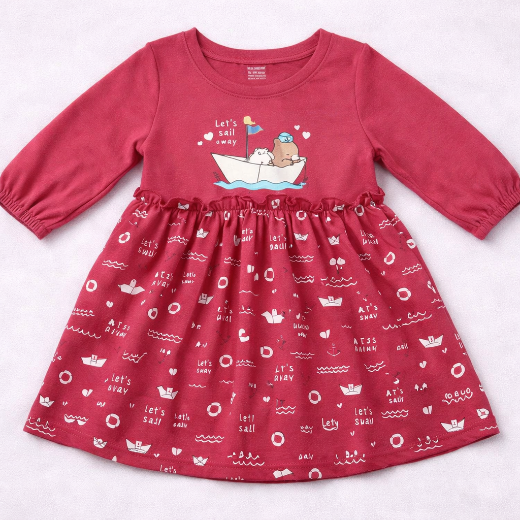 Cucumber Baby Girl Pink Cotton Frock Sailing Print Long Sleeve - Cutypi