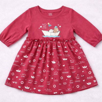 Cucumber Baby Girl Pink Cotton Frock Sailing Print Long Sleeve - Cutypi
