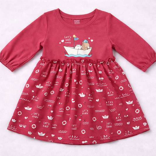 Cucumber Baby Girl Pink Cotton Frock Sailing Print Long Sleeve - Cutypi