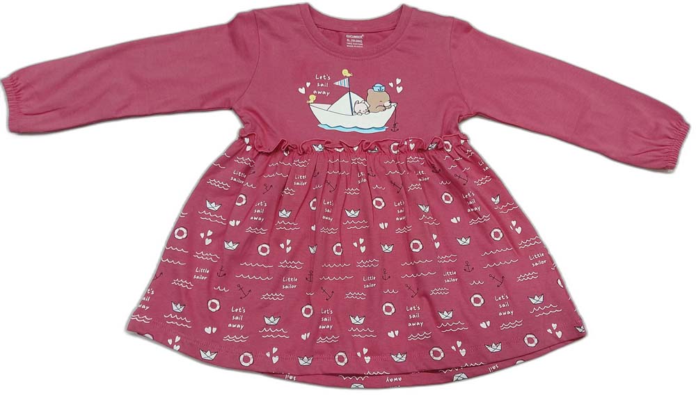 CUCUMBER Full Sleeves Frock With Bunny & Floral Print - Dark Pink