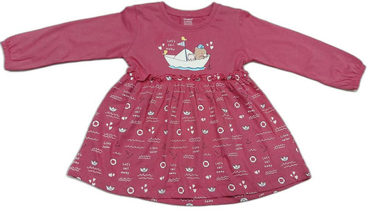 CUCUMBER Full Sleeves Frock With Bunny & Floral Print - Dark Pink