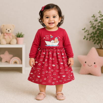 Cucumber Baby Girl Pink Cotton Frock Sailing Print Long Sleeve