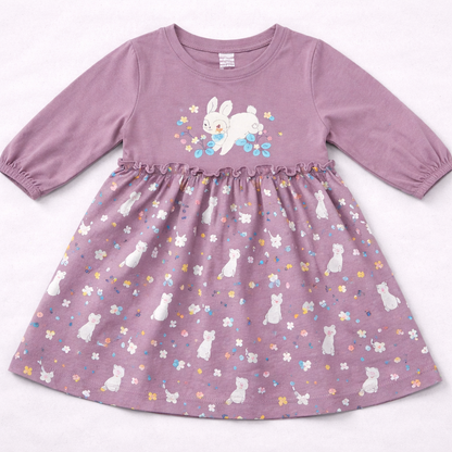 Cucumber Baby Girl Pink Cotton Frock Printed Long Sleeve Purple - Cutypi