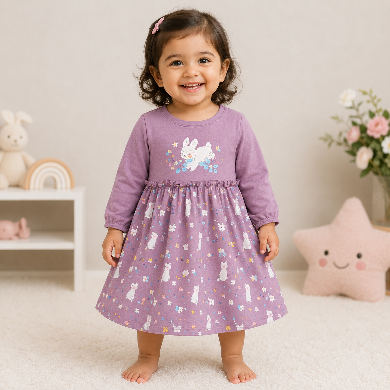 Cucumber Baby Girl Pink Cotton Frock Printed Long Sleeve Purple