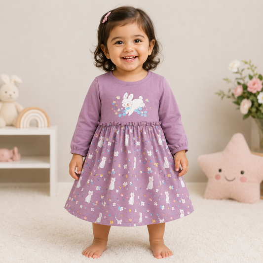 Cucumber Baby Girl Pink Cotton Frock Printed Long Sleeve Purple