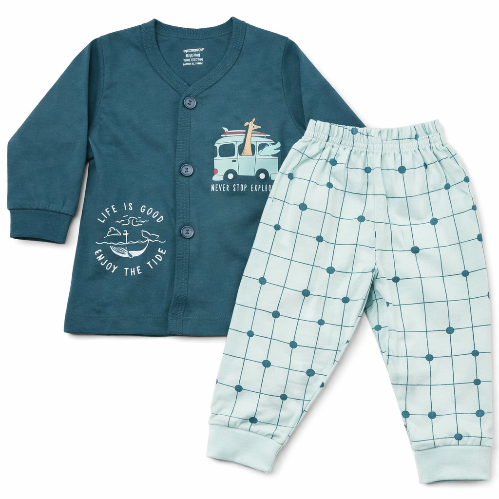 Cucumber Baby “Never Stop Exploring” Cotton T-Shirt with Pant Set – Teal & Mint - Cutypi