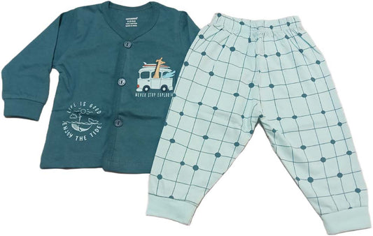 Cucumber Knit Full Sleeves Suit With Car & Teddy Print - Green