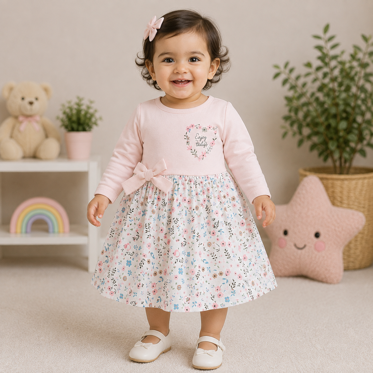 Cucumber Baby Girls Enjoy Today Floral Pink Cotton Dress