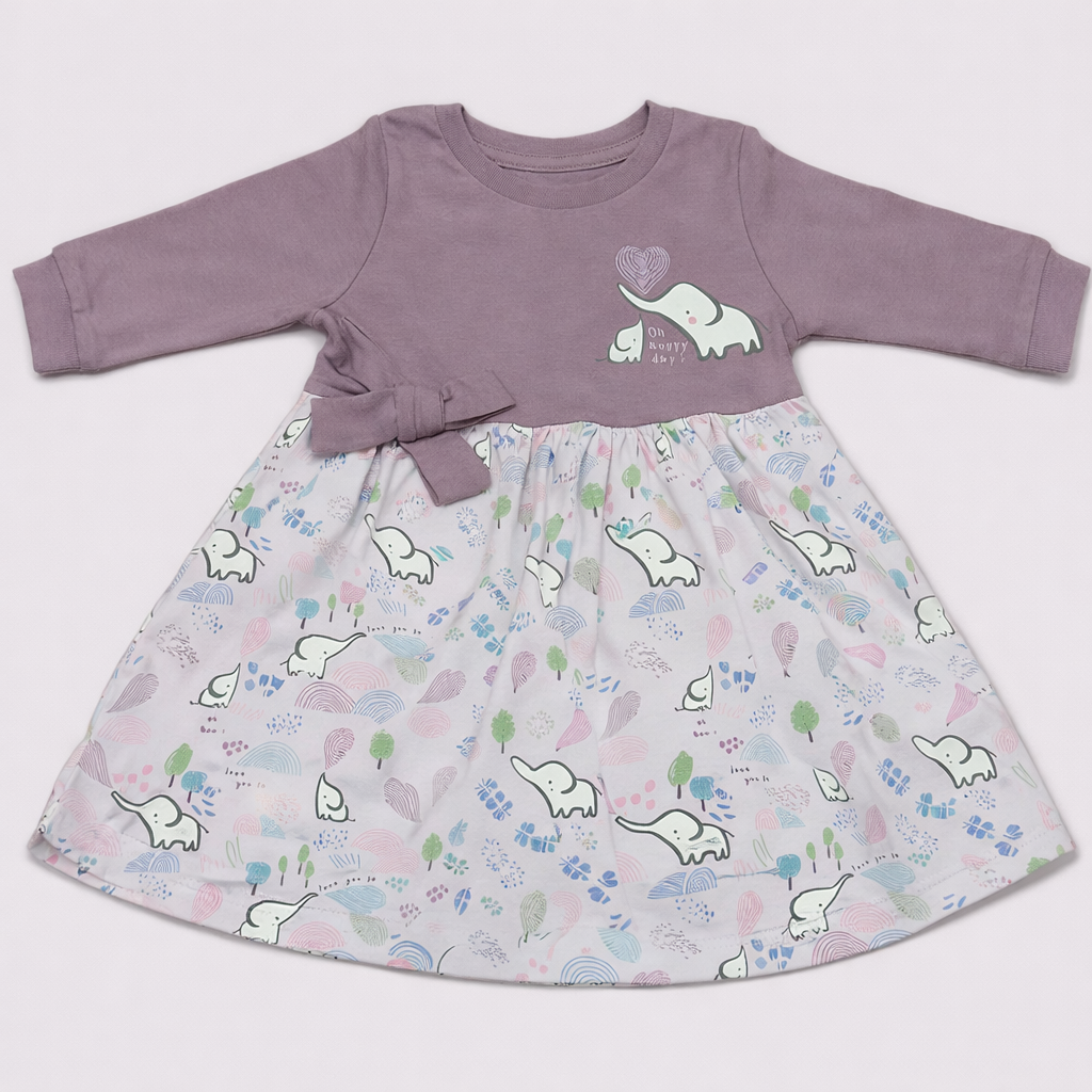Cucumber Baby Girls Elephant Print Long Sleeve Cotton Dress - Cutypi
