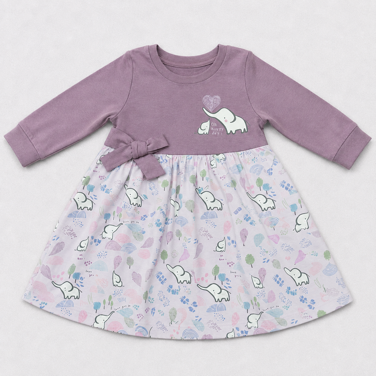 Cucumber Baby Girls Elephant Print Long Sleeve Cotton Dress