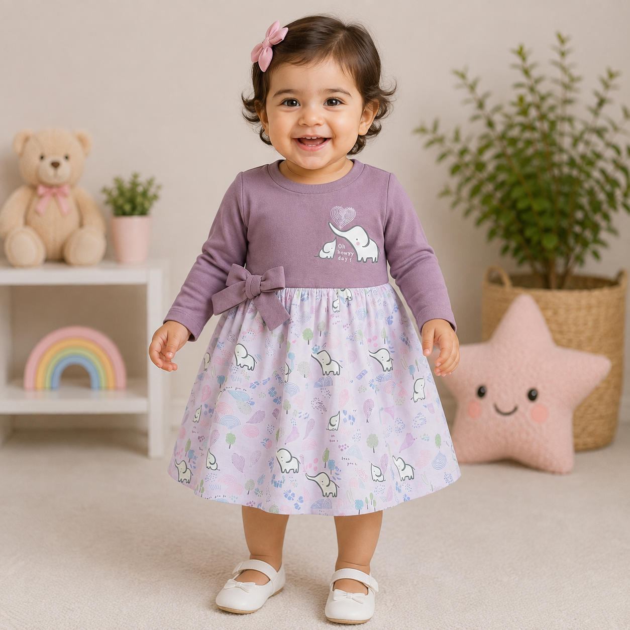 Cucumber Baby Girls Elephant Print Long Sleeve Cotton Dress