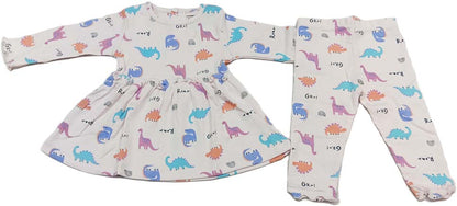 Cucumber Girls Full Sleeves Woodland Print Dress Frock With Leggings - Pink