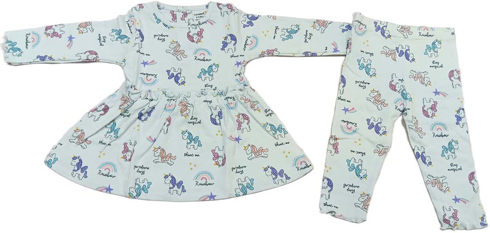 Cucumber Girls Full Sleeves Woodland Print Dress Frock With Leggings - Sky Blue