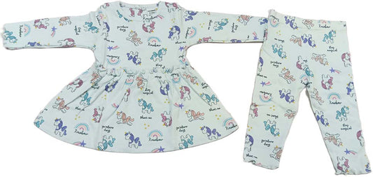 Cucumber Girls Full Sleeves Woodland Print Dress Frock With Leggings - Sky Blue