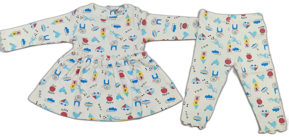 Cucumber Girls Full Sleeves Woodland Print Dress Frock With Leggings - off White