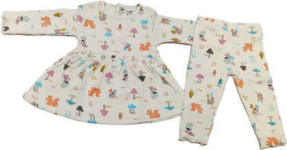 Cucumber Girls Full Sleeves Woodland Print Dress Frock With Leggings - Light Yellow