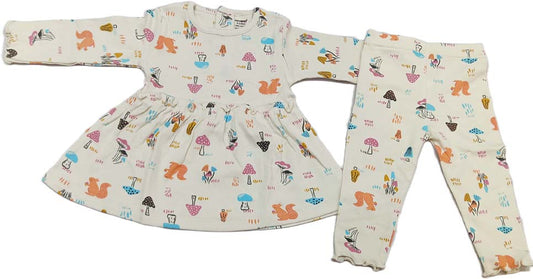 Cucumber Girls Full Sleeves Woodland Print Dress Frock With Leggings - Light Yellow