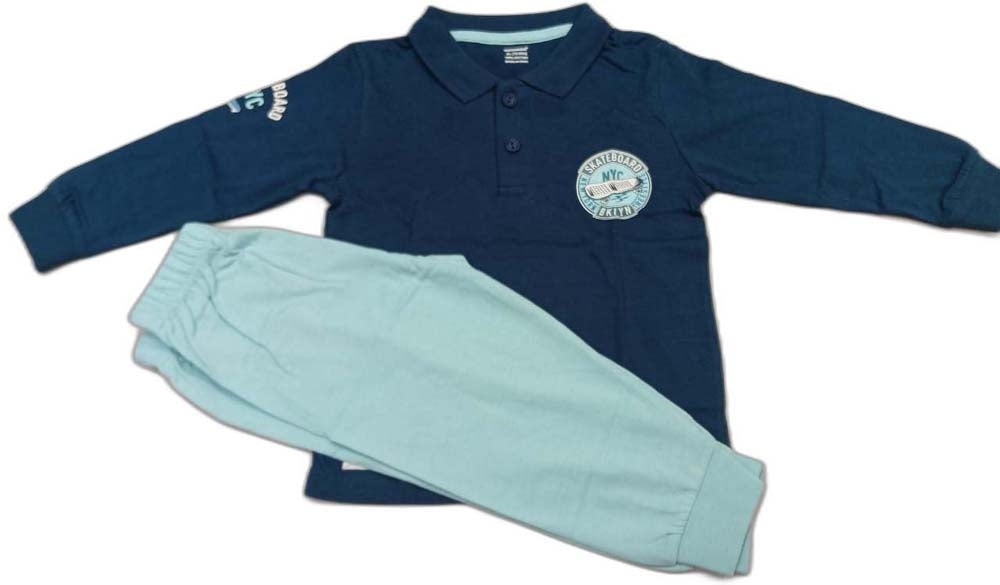 CUCUMBER Sinker Knit Full Sleeves Polo T-Shirt with Joggers - Blue