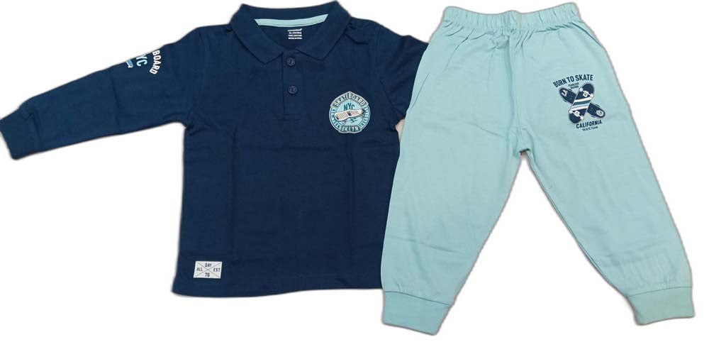 CUCUMBER Sinker Knit Full Sleeves Polo T-Shirt with Joggers - Light Blue