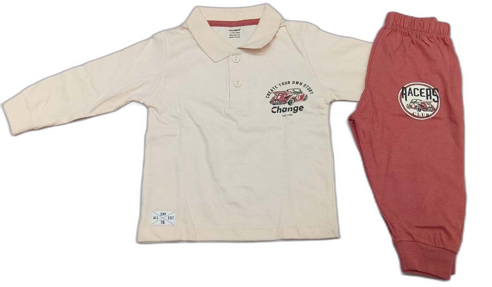 CUCUMBER Sinker Knit Full Sleeves Polo T-Shirt with Joggers - Cream