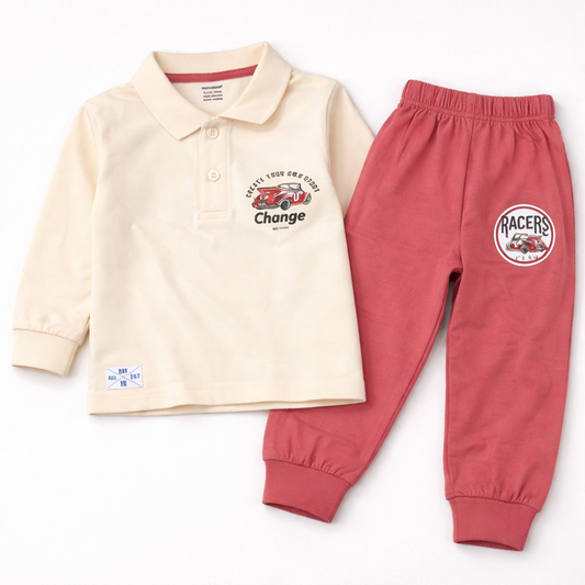 Cucumber Baby Born To Skate Peach Polo T-Shirt & Jogger Pants Set  - Cutypi
